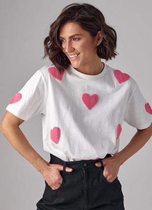 Женская черная белая нарядная футболка с розовыми сердцами, сердечками s m l8 фото