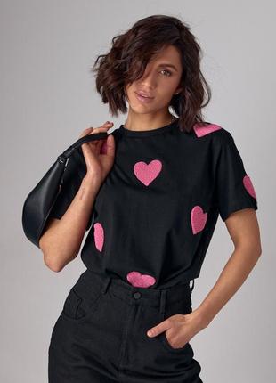 Женская черная белая нарядная футболка с розовыми сердцами, сердечками s m l5 фото