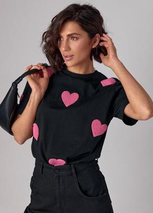 Женская черная белая нарядная футболка с розовыми сердцами, сердечками s m l4 фото