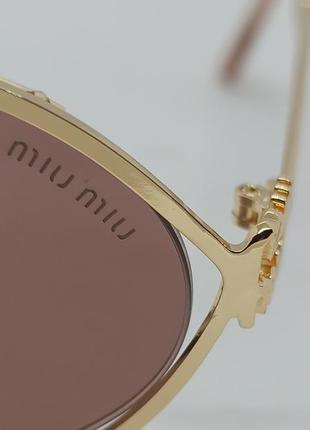 Очки в стиле miu miu женские солнцезащитные овальные модные коричневые в золотом металле10 фото