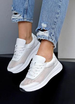Білі шкіряні літні кросівки натуральна шкіра комбінована з текстильною сіткою 212056 фото