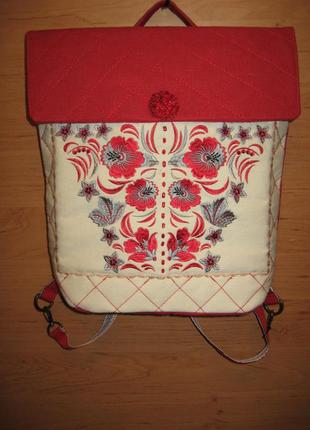 Сумка — рюкзак лляна з вишивкою в українському стилі, авторська, ручна робота «каліна»