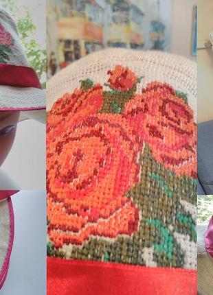 Панама з вишивкою.шляпа складана льон 100% ручна робота, модель універсальна, літня/льон 100%