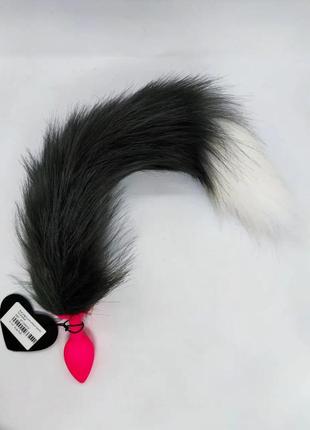 Силіконова анальна пробка з лосьим хвостом anal plug faux fur fox tail black polyeste, розмір s