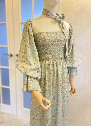 Платье резинка нежный цветочный принт натуральная ткань3 фото