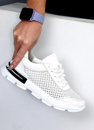 Білі базові жіночі кросівки кеди з наскрізною перфорацією з натуральної шкіри шкіряні кросівки з перфорацією