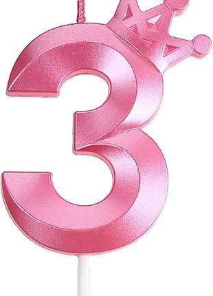 3,15-дюймовые розовые 3 свечи на день рождения, 3d-корона с номером 3, топпер для торта