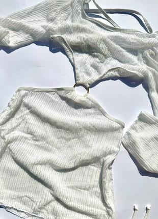 Белый комплект купальник и туника, купальник лиф треугольники и плавки стринги с туникой, купальник и пляжное платье3 фото