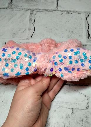 Пов'язка на голову косметична бантик махрова рожева2 фото