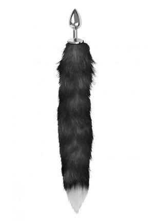 Анальна пробка з чорно-білим хвостом anal plug faux fur fox tail black polyeste, розмір s