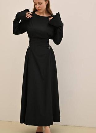 Платье макси свободного кроя на длинный рукав на завязках качественная стильная трендовая черная пудровая