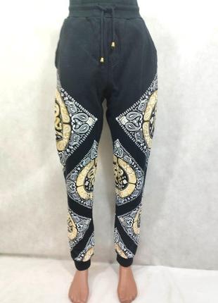 Штаны с карманами черный этничным узором золото белый спортивные на завязках