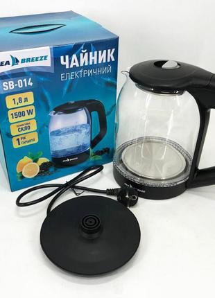 Чайник електричний seabreeze sb-014, прозорий чайник з підсвічуванням, електрочайник з підсвічуванням