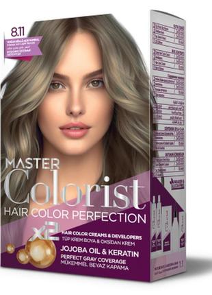 Фарба для волосся master colorist 8.11 інтенсивний попелястий світло-русий, 2x50 мл+2x50 мл+1