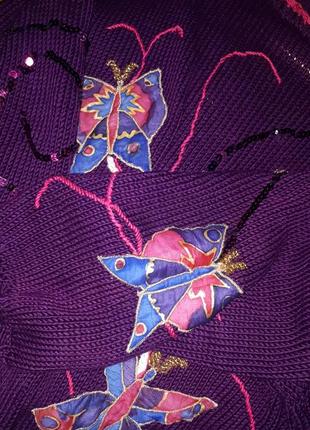 Винтажный фиолетовый свитер с бабочками аппликация декор люрекс.10 фото