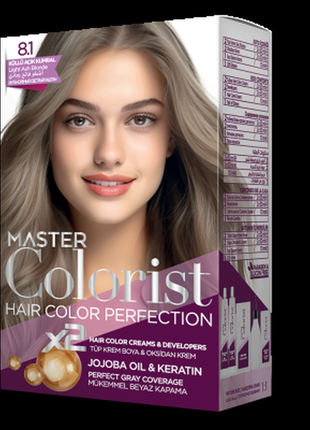 Фарба для волосся master colorist 8.1 попілястий світло-русий, 2x50 мл+2x50 мл+10 мл1 фото