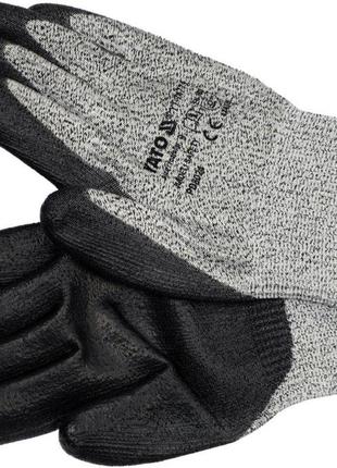 Перчатки рабочие защитные от порезов (hppe) yato покрытые черным полиуретаном, размер 9 [12/120]