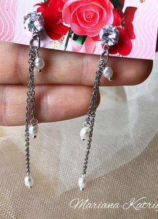 Сережки з перлинами, серги-гвоздики с жемчугом, ніжні прикраси2 фото