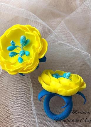 Набір резиночок для дівчинки, бантики, синьо-жовті квіти з фоамірану,5 фото