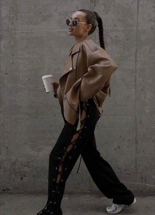 Женские тредовые брюки со шнуровкой двунитка свободного кроя универсал7 фото
