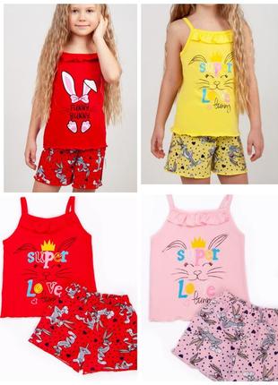 Летняя яркая легкая пижама майка и шорты зайка, пижама зайчик для девочки, логовая пижама с зайкой для девчонки