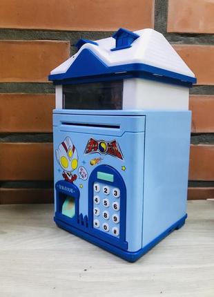 Копилка детский сейф с кодовым замком и купюроприемником синий домик