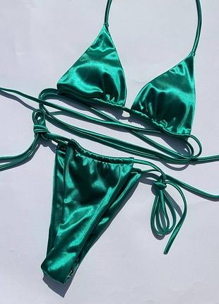 Купальник шторки на завязках лиф треугольники, атласный купальник, красивый купальник на завязках атлас