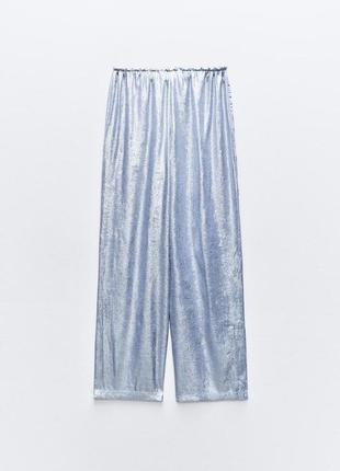 Широкие металлизированные синие брюки zara new4 фото
