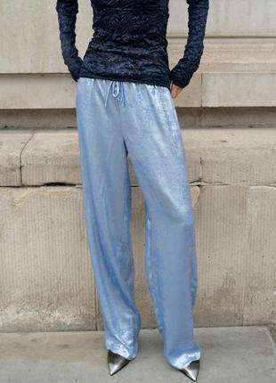 Широкие металлизированные синие брюки zara new1 фото