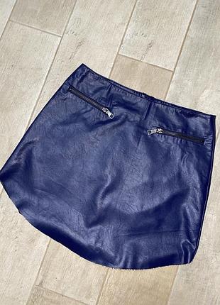 Синяя кожаная мини юбка,экокожа,фиолетовая юбка