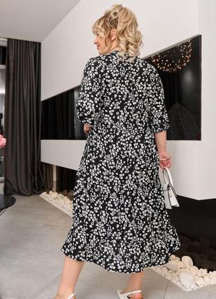 Женское легкое нарядное весеннее базовое платье миди креп-жатка цветочный принт больших размеров батал4 фото