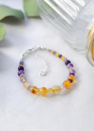 Браслет натуральный цитрин, аметист, кварц и циркон, фур-ра гип-ный сплав цвет серебро d-8-2мм+- l-18-23см