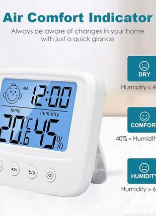 Цифровий годинник електронний настільний вимірювач температури та вологості приміщення колір білий2 фото