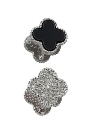 Двосторонні сережки чотирилисник клевера чорно-білі з цирконієм fashion jewelry діаметр 12 мм4 фото