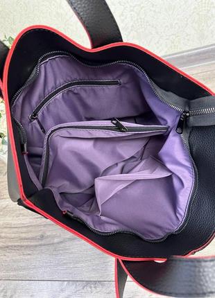 Женская сумка шопер большая с замшевыми вставками черная7 фото