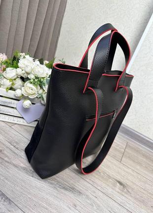 Большая женская сумка шопер формат а-4 с замшевыми вставками черная3 фото