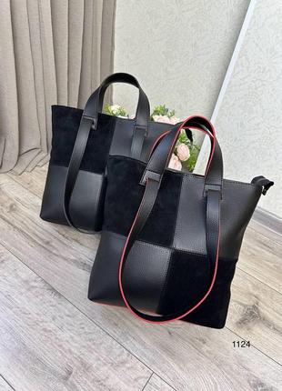 Велика жіноча сумка-шопер формат а-4 із замшевими вставками чорна7 фото
