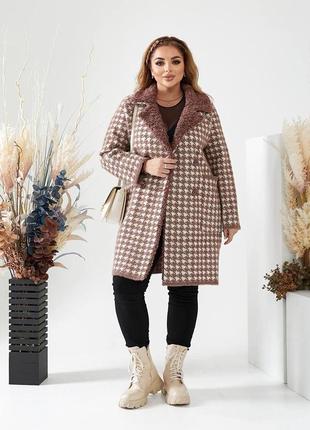 Женское осеннее стильное теплое пальто альпака до колен батал10 фото