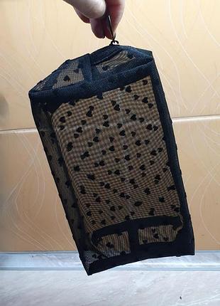 Косметичка с сердечками прозрачная черная сетка