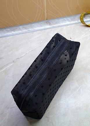 Косметичка с сердечками прозрачная черная сетка