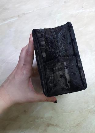 Косметичка с сердечками прозрачная черная сетка