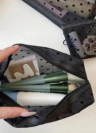 Косметичка с сердечками прозрачная черная сетка