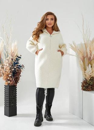 Женский осенний стильный кардиган пальто альпака до колен с капюшоном