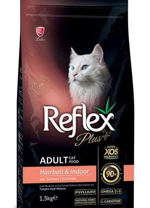 Reflex plus сухий корм для котів, які живуть у приміщені та виведення шерсті з лососем 1.5 кг