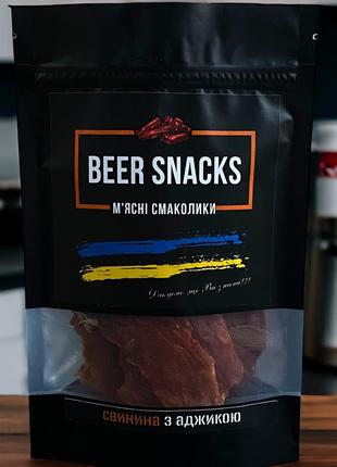 М'ясні джерки свинячі beer snacks з аджикою 100г,чіпси,снеки,закуски під пиво,крафтове виробництво1 фото