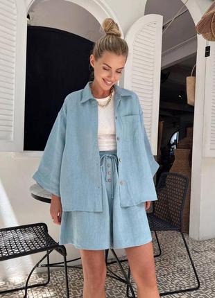 Жіночий стильний костюм весна-літо сорочка з довгим рукавом і спідниця натуральний льон