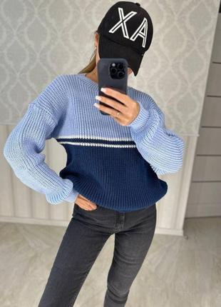 Женский стильный повседневный теплый шерстяной свитер синий, 44