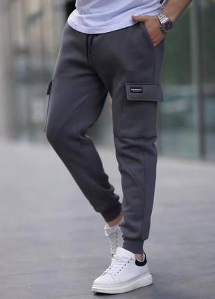 Теплі спортивні штани на флісі з бічними кишенями чоловічі бавовна.