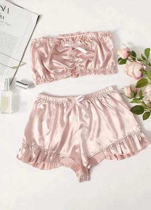 Атласний комплект жіночої білизни з шортиками - комплект домашнього одягу m рожевий (0101/2)1 фото
