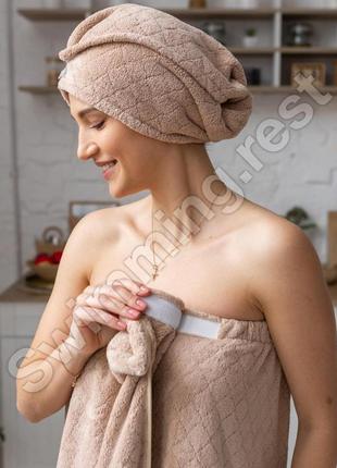 Набір жіночий рушник-халат, чалма мікрофібра для сауни лазні 140х80 см косічка салатовий8 фото